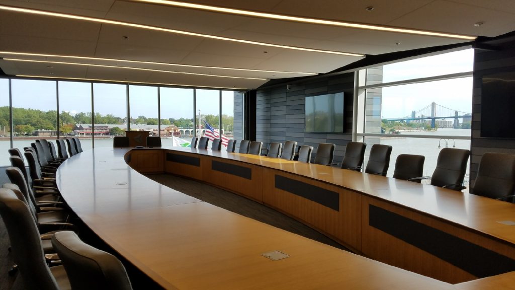Executive boardroom at the ProMedica headquarters in Toledo Ohio. Custom speakers built into the boardroom table by Leon Speakers. 